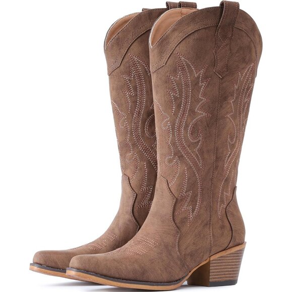 Women's Chunky Heel Mid Calf Snip Toe Western Elegance Embroidery Brown Boots - Picture 1 of 6